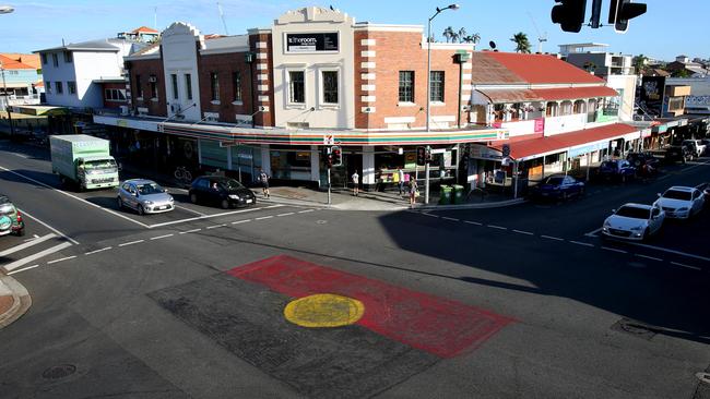 West End has always been an important centre for Brisbane’s Aboriginal and Torres Islanders, as evidenced by the famous flag painted on the intersection of Vulture Street and Boundary Street, West End. Picture: Renae Droop