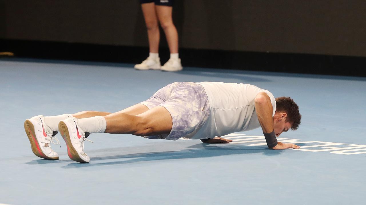 Thanasi Kokkinakis’ emotions spilled over after winning his maiden ATP singles title in his home city of Adelaide. Picture: Getty Images