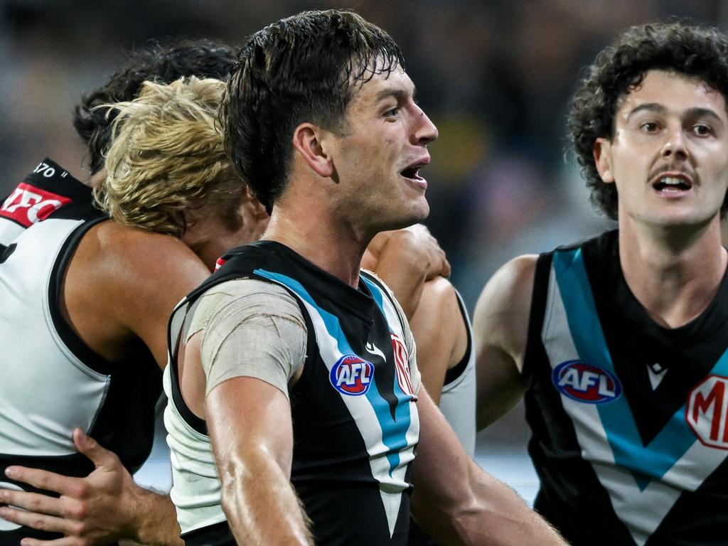 ADELAIDE, AUSTRALIA – APRIL 13: Zak Butters of the Power celebrates the final siren during the round five AFL match between Port Adelaide Power and Fremantle Dockers at Adelaide Oval, on April 13, 2024, in Adelaide, Australia. (Photo by Mark Brake/Getty Images)