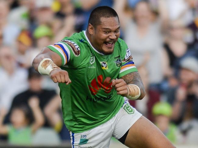 Joey Leilua of the Raiders celebrates a try during the Round 6 NRL match between the Canberra Raiders and the Brisbane Broncos at GIO Stadium in Canberra, Sunday, 21 April 2019. (AAP Image/Rohan Thomson) NO ARCHIVING, EDITORIAL USE ONLY