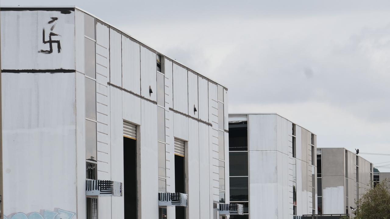 A Nazi swastika symbol has been painted on a massive warehouse complex being constructed behind Visy Recycling on Thomson's road in North Geelong. Picture: Mark Wilson