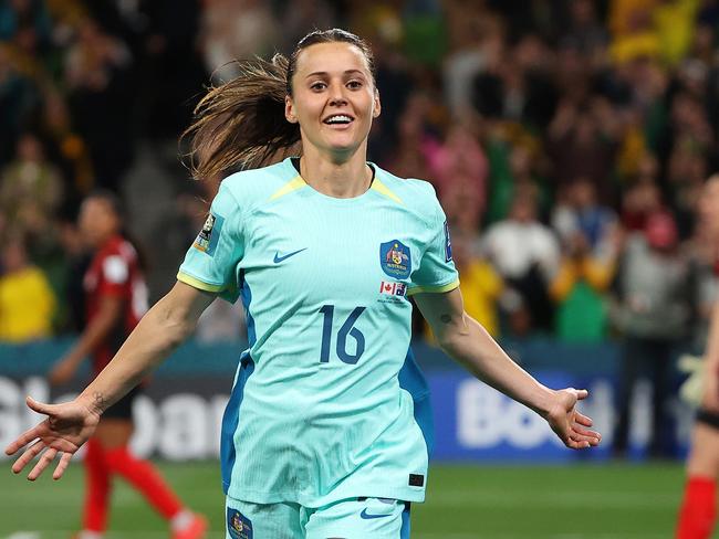 Hayley Raso celebrates one of her two goals against Canada. Picture: Mark Stewart.