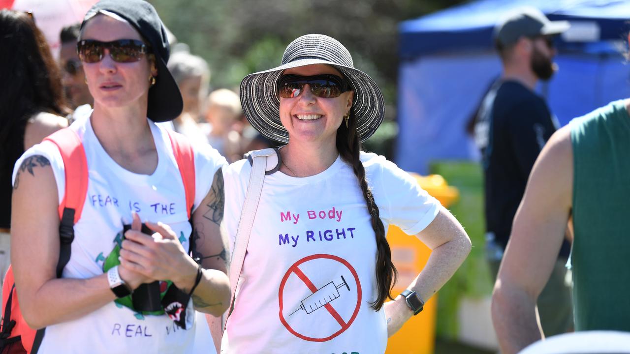 People gather for a large protest to rally for freedom of speech, movement, choice, assembly, and Health in Brisbane. Picture: NCA NewsWire / Dan Peled