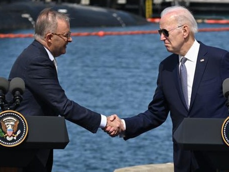 SAN DIEGO, CA - MARCH 13: U.S. President Joe Biden and Prime Minister Anthony Albanese of Australia shake hands on Australia â United Kingdom â United States (AUKUS) Partnership as Prime Minister Rishi Sunak of the United Kingdom participates at Naval Base Point Loma in San Diego, California, United States on March, 13, 2023. (Photo by Tayfun Coskun/Anadolu Agency via Getty Images)