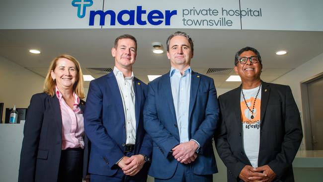 CBA chief executive Matt Comyn, third from left, in Townsville with business banking executive manager Donna Astbury, executive general manager of regional and agribusiness Paul Fowler and Professor Ajay Rane of the Mater Hosptal.