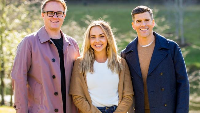 Jonathon Moran shooting an episode of The Bachelorette with Osher Gunsberg and Angie Kent. Picture: Channel 10