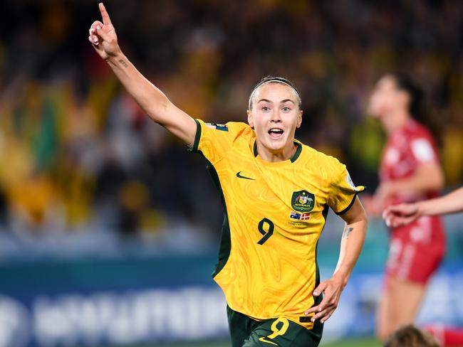 SYDNEY, AUSTRALIA - AUGUST 07: Caitlin Foord of Australia celebrates a goal during the Women's World Cup round of 16 football match between the Australia Matildas and Denmark at Stadium Australia on August 07, 2023 in Sydney, Australia. (Photo by Steven Markham/Icon Sportswire via Getty Images)