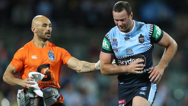 Boyd Cordner suffers another head knock against Queensland. Picture: Mark Kolbe/Getty Images