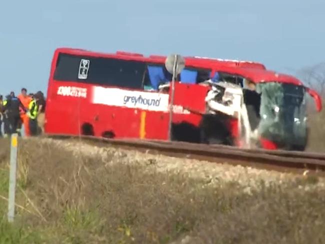 Ch7 screenshot of the Greyhound bus and caravan crash on the Bruce Highway.
