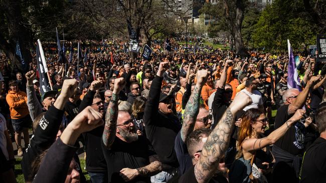 Thousands of union members take part in a protest rally after the CFMEU were forced to accept administration following allegations of criminal links and corruption. Photo: Darrian Traynor/Getty Images