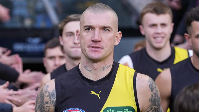 MELBOURNE, AUSTRALIA - JUNE 30: Dustin Martin of the Tigers runs out with the team during the round 16 AFL match between Richmond Tigers and Carlton Blues at Melbourne Cricket Ground, on June 30, 2024, in Melbourne, Australia. (Photo by Daniel Pockett/Getty Images)