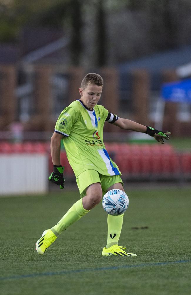 Rockville Rovers White goalkeeper Clancy Holcombe against USQ FC in Football Queensland Darling Downs Community Juniors U13 Div 1 Maroon grand final at Clive Berghofer Stadium, Friday, August 30, 2024. Picture: Kevin Farmer