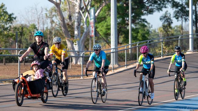 Colin Morris, Tim Burrow, Camilla Wells with Molly Wells, Marg Black and Alex Kersemakers ahead of the 2024 edition of the Top End Gran Fondo. Picture: Pema Tamang Pakhrin