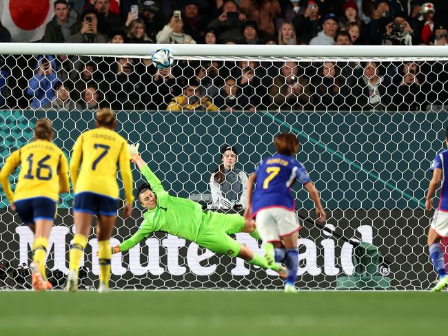 Riko Ueki’s penalty thunders into the crossbar. Picture: Buda Mendes/Getty Images.