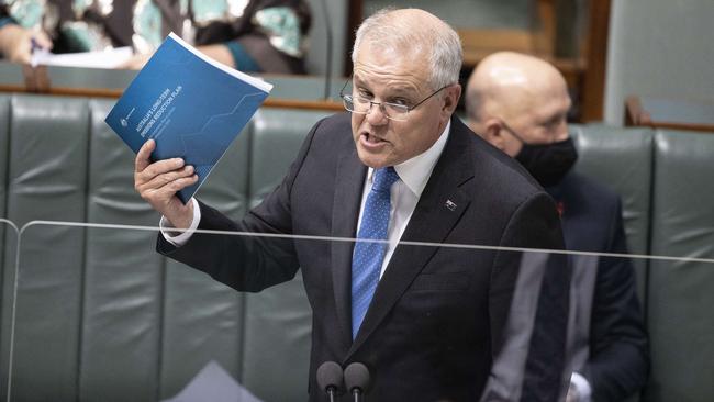 Scott Morrison answers a question about net-zero modelling in the House of Representatives today. Picture: NCA NewsWire / Gary Ramage