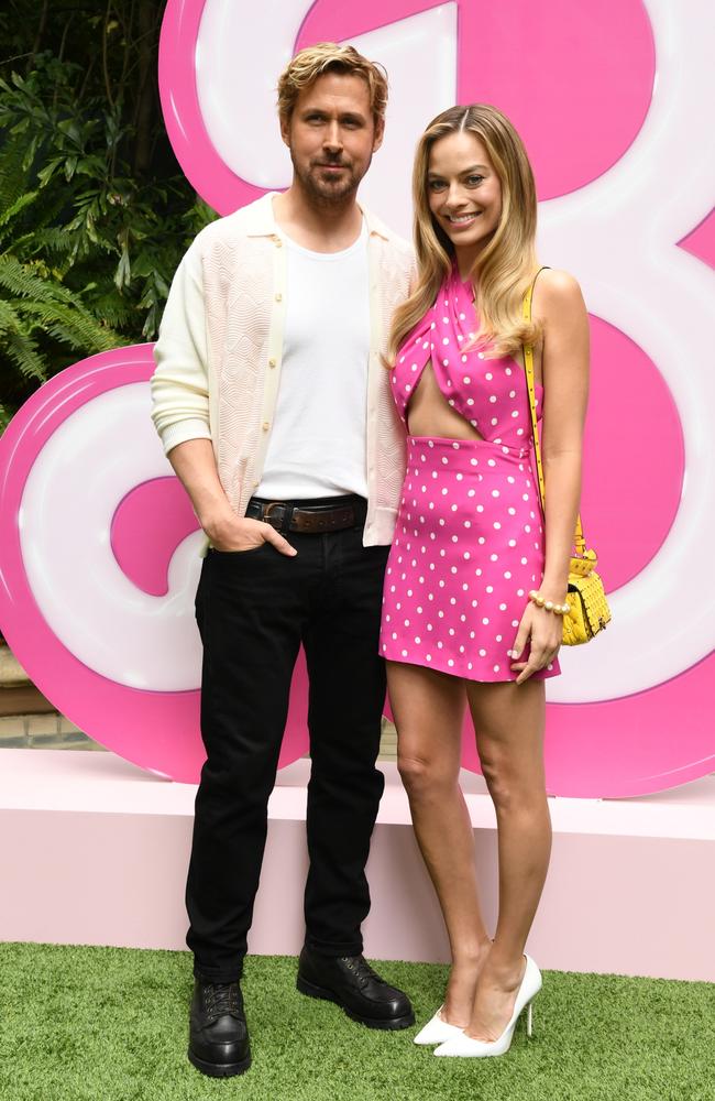 Gosling and Robbie posed at a <i>Barbie</i> photo call in Beverly Hills this week. Picture: Jon Kopaloff/Getty Images