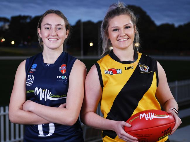 Lauren Clifton from Southern Districts and Tegan Nottle from the Centrals Zone who will playing in the Country Footy Championships at Victor Harbor next week pose for a preview photo at Karen Rolton Oval.Wednesday,June,30,2021.Picture Mark Brake