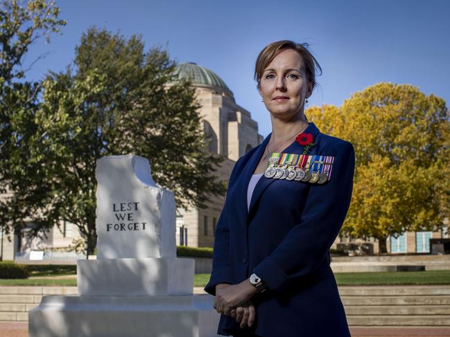 Ex-ADF nurse Sharon Bown will deliver a speech at the Anzac Day service at the Australian War Memorial, with Australian Prime Minister Scott Morrison. Picture: SEAN DAVEY.