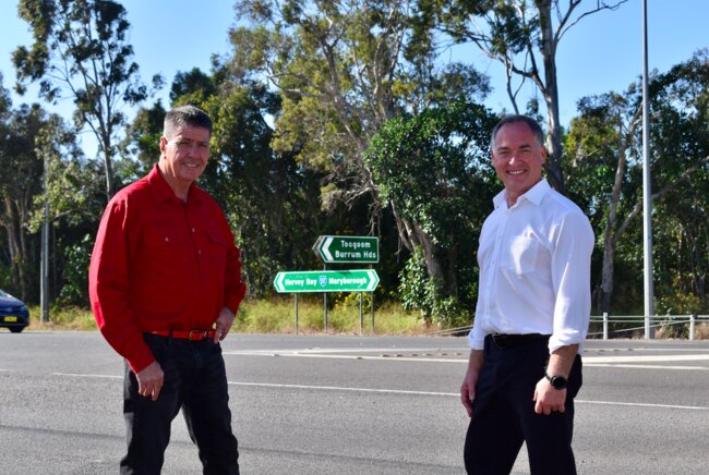 Maryborough MP Bruce Saunders and Member for Hervey Bay Adrian Tantari are keen for works to begin on upgrades to one of Wide Bay’s busiest intersections. Picture: Isabella Magee.​