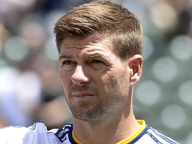 CARSON CA - AUGUST 9: Steven Gerrard #8 of the Los Angeles Galaxy waves at his family in the owner box before the start of soccer match between Los Angeles Galaxy and Seattle Sounders at StubHub Center August 9, 2015, in Carson, California. (Photo by Kevork Djansezian/Getty Images)