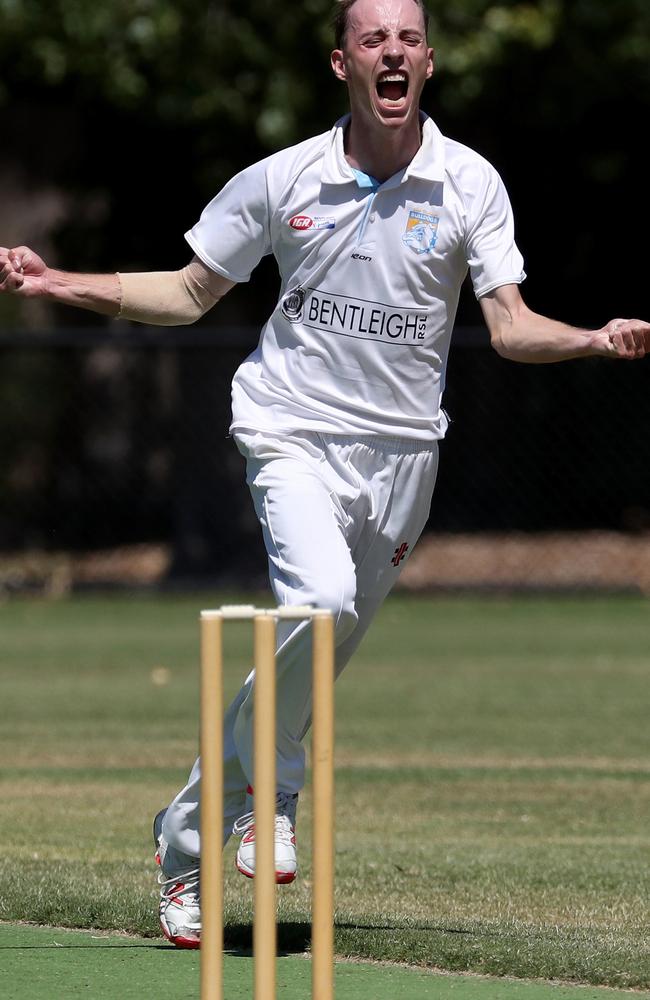 Nick Huttley of West Bentleigh celebrates a Union wicket.