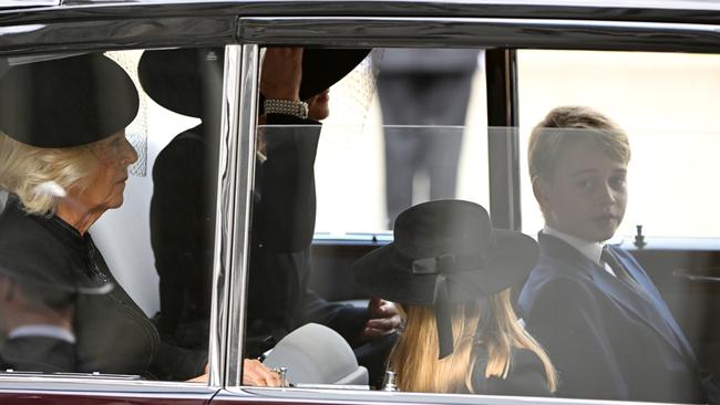 Camilla, Queen Consort, Catherine, Princess of Wales, Princess Charlotte and Prince George leave Westminster Abbey. Picture: Getty Images)