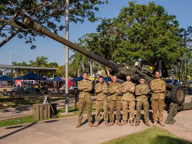 Corey Radke, Bailey Butler, Tristan Williams, Trace Holmes, Daniel Zakoc and Xander Hanekom at the Freedom of Entry march through Palmerston on Friday. Picture: Pema Tamang Pakhrin