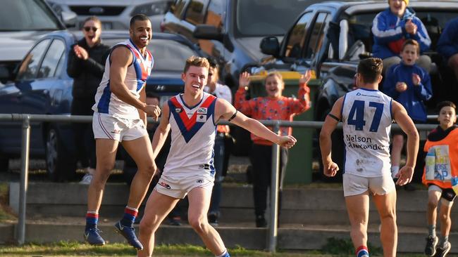 West Preston Lakeside's Ahmed Saad and Aiden Tilley celebrate a goal against Macleod. Picture: Nathan McNeill.