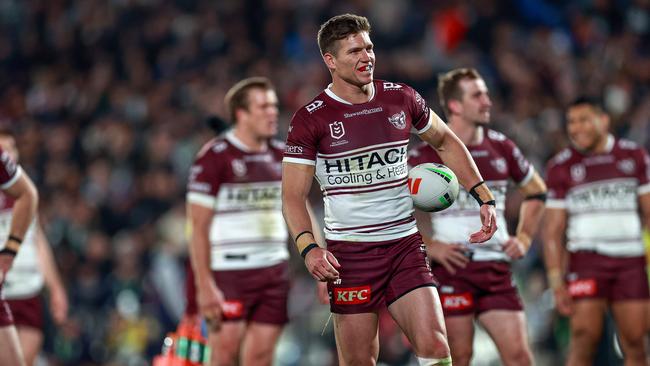 Manly star Reuben Garrick says he doesn’t blame Charnze Nicholl-Klokstad for the tackle which left him with a broken bone in his back. NRL Imagery