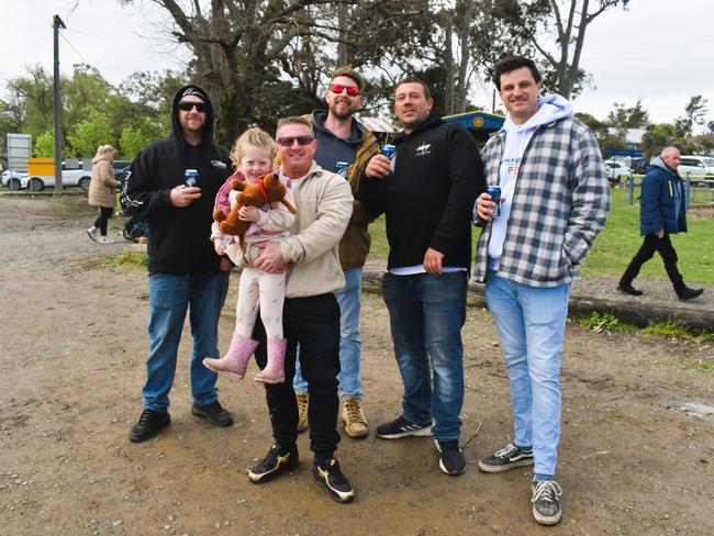 West Gippsland league grand final match 2024 — Phillip Island Bulldogs V Nar Nar Goon "The Goon" Football Club at Garfield Recreation Reserve on September 14, 2024: Wally Wallace, Hope Martin, Richard Martin, Dalton Lawrie, Dennis Vibot and Brayden Browne. Picture: Jack Colantuono