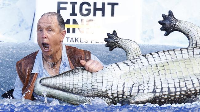 Terry Daniher reacts to the freezing water. Picture: Getty Images