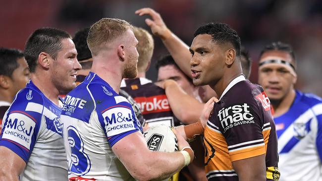 Luke Thompson and Tevita Pangai Jnr had a good battle. Picture: Getty Images