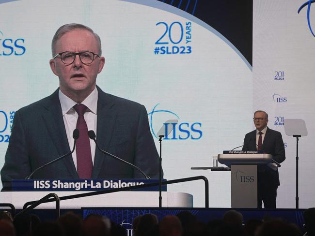 Mr Albanese delivers his keynote address at the Shangri-La Dialogue summit in Singapore. Picture: AFP