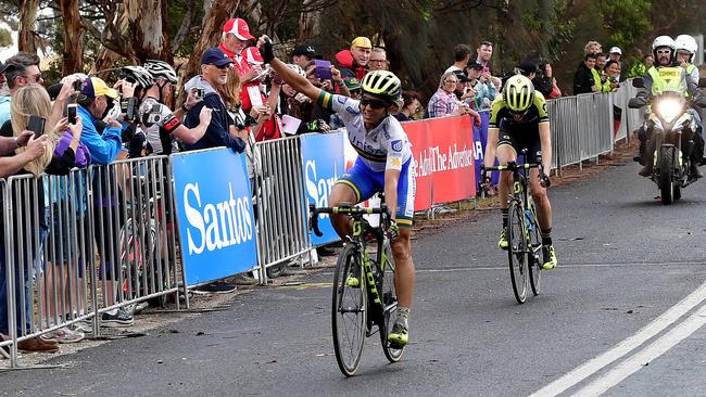 Katrin Garfoot crosses the line to win stage 2 of the women’s Tour Down Under on Friday. Picture: Bianca De Marchi