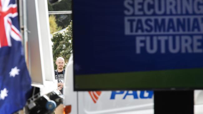 A protester outside the Liberal campaign launch. Picture: Chris Kidd