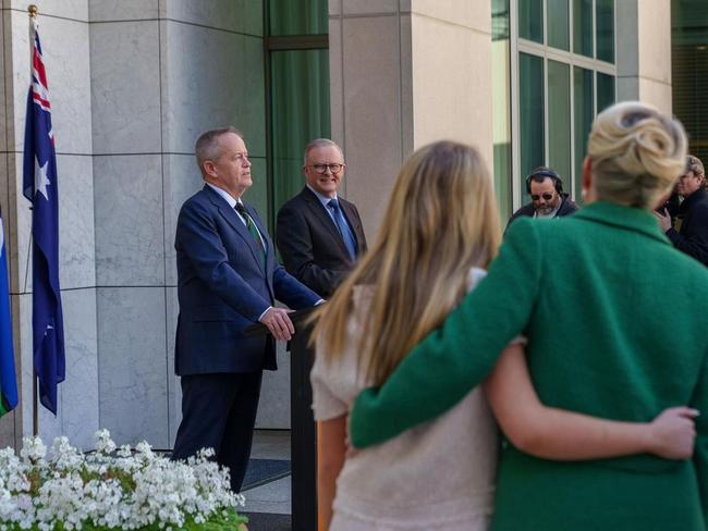 Bill Shorten’s family watch on as he announces his resignation. Picture: Instagram @albomp