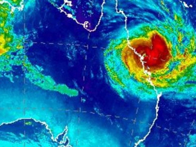 Cyclone Debbie is going to hit hard, with warnings people won’t be able to go outdoors for a long time, possibly not until tomorrow. Picture: Bureau of Meteorology