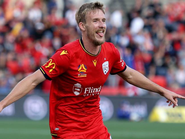 Ben Halloran of United celebrates a goal during the Round 17 A-League match between Adelaide United and Melbourne City FC at Coopers Stadium in Adelaide, Saturday, February 1, 2020. (AAP Image/Kelly Barnes) NO ARCHIVING, EDITORIAL USE ONLY