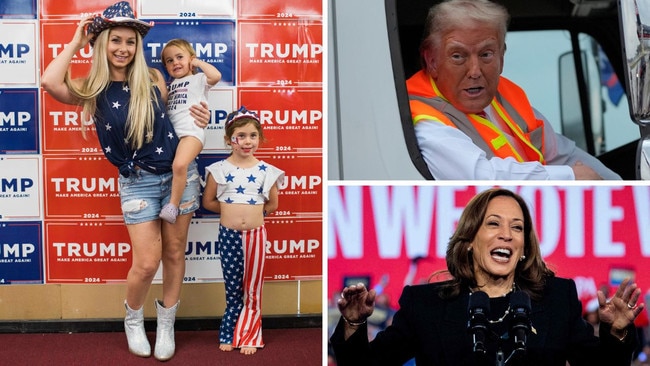 Clockwise from left: Jackie Centralla with her daughters in Arizona; Donald Trump in Wisconsin; Kamala Harris in Pennsylvania. Picture: Caitlin O'Hara, AP, AFP