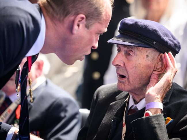 Prince William speaks with a D-Day veteran in Portsmouth, England. King Charles III and Queen Camilla led the commemorative events. Picture: Getty Images