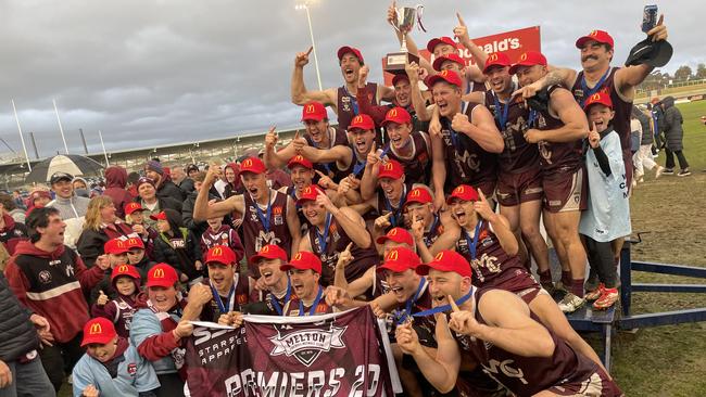 Melton players celebrate their premiership win. Picture: Shane Jones.