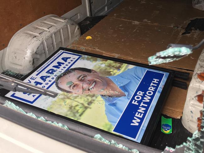 The windows of Liberal Wentworth candidate Dave Sharma's van was smashed in the lead up to the election.