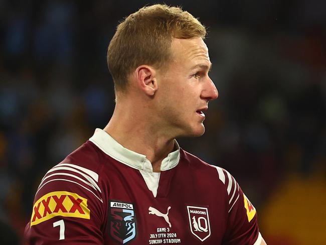 BRISBANE, AUSTRALIA - JULY 17:  QLD Maroons coach Billy Slater shakes hands with Daly Cherry-Evans of the Maroons after game three of the 2024 Men's State of Origin series between Queensland Maroons and New South Wales Blues at Suncorp Stadium on July 17, 2024 in Brisbane, Australia. (Photo by Chris Hyde/Getty Images)