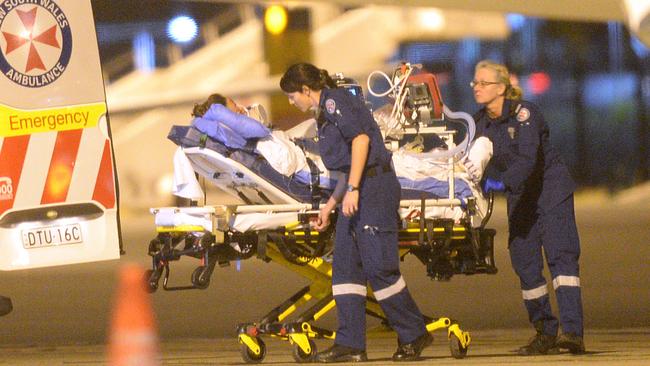 A victim of the New Zealand volcano tragedy arrives at Sydney Airport. Picture: Jeremy Piper