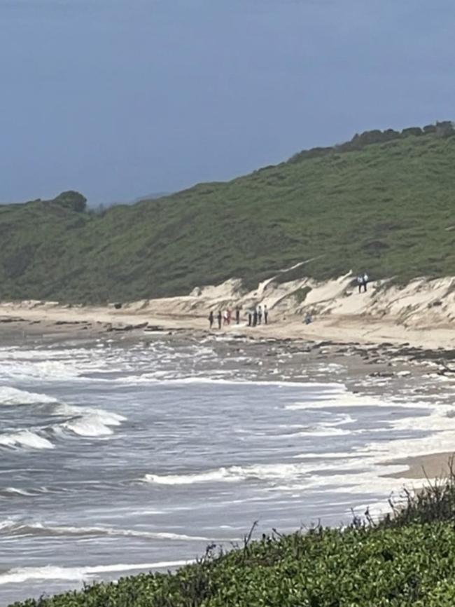 Officers scour the shoreline.