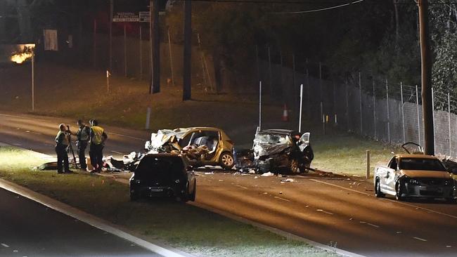 The tragic accident scene on the Northern Road at Orchard Hills. Picture: Gordon McComiskie