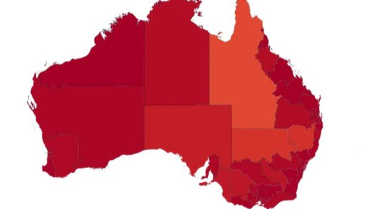 A heat map shows rental unaffordability in each state for a single person on minimum wage. Picture: Anglicare