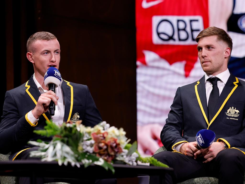 Chad Warner and Dylan Moore on stage at the AFL Awards. Picture: Dylan Burns/AFL Photos via Getty Images