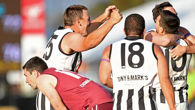 Payneham Norwood Union players celebrate winning last year’s division one grand final. Picture: Tom Huntley