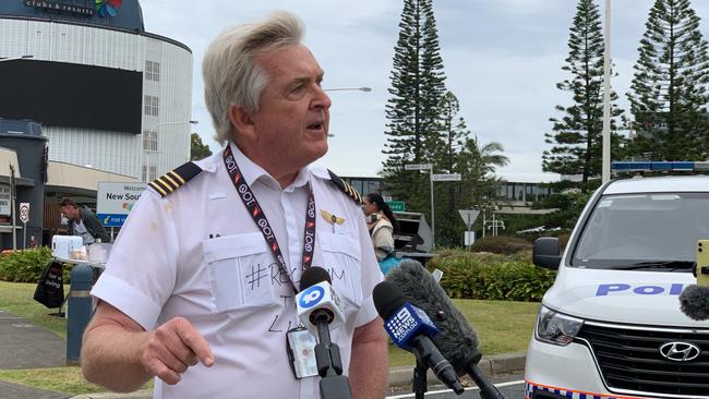 Former Qantas pilot Graham Hood speaks at the #ReclaimTheLine protest in Tweed Heads on Friday. Picture: Liana Walker